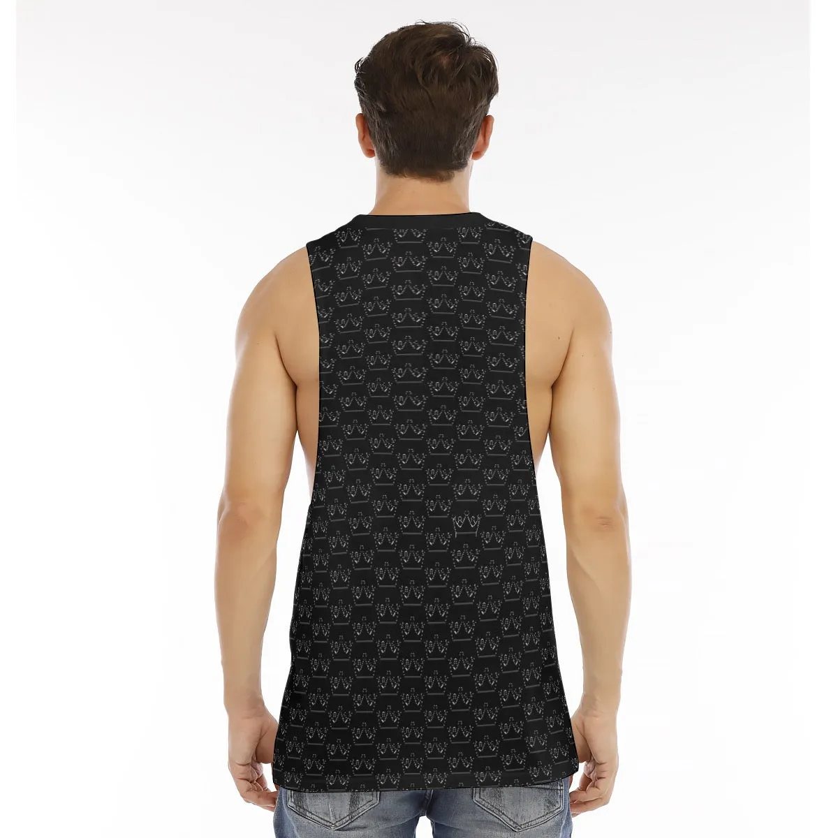 All-Over Print Men's O-neck Long Tank Top black with crowns in weightlifting theme