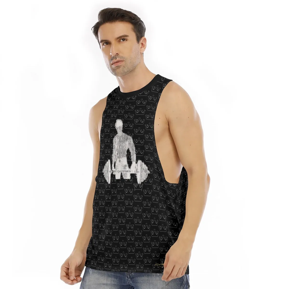 All-Over Print Men's O-neck Long Tank Top black with crowns in weightlifting theme