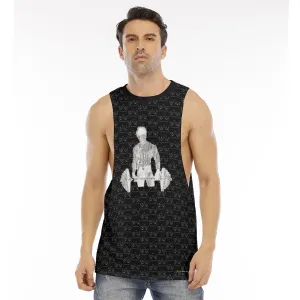 All-Over Print Men's O-neck Long Tank Top black with crowns in weightlifting theme