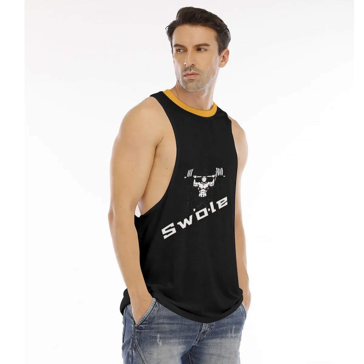 All-Over Print Men's O-neck Long Tank Top blk weightlifting theme