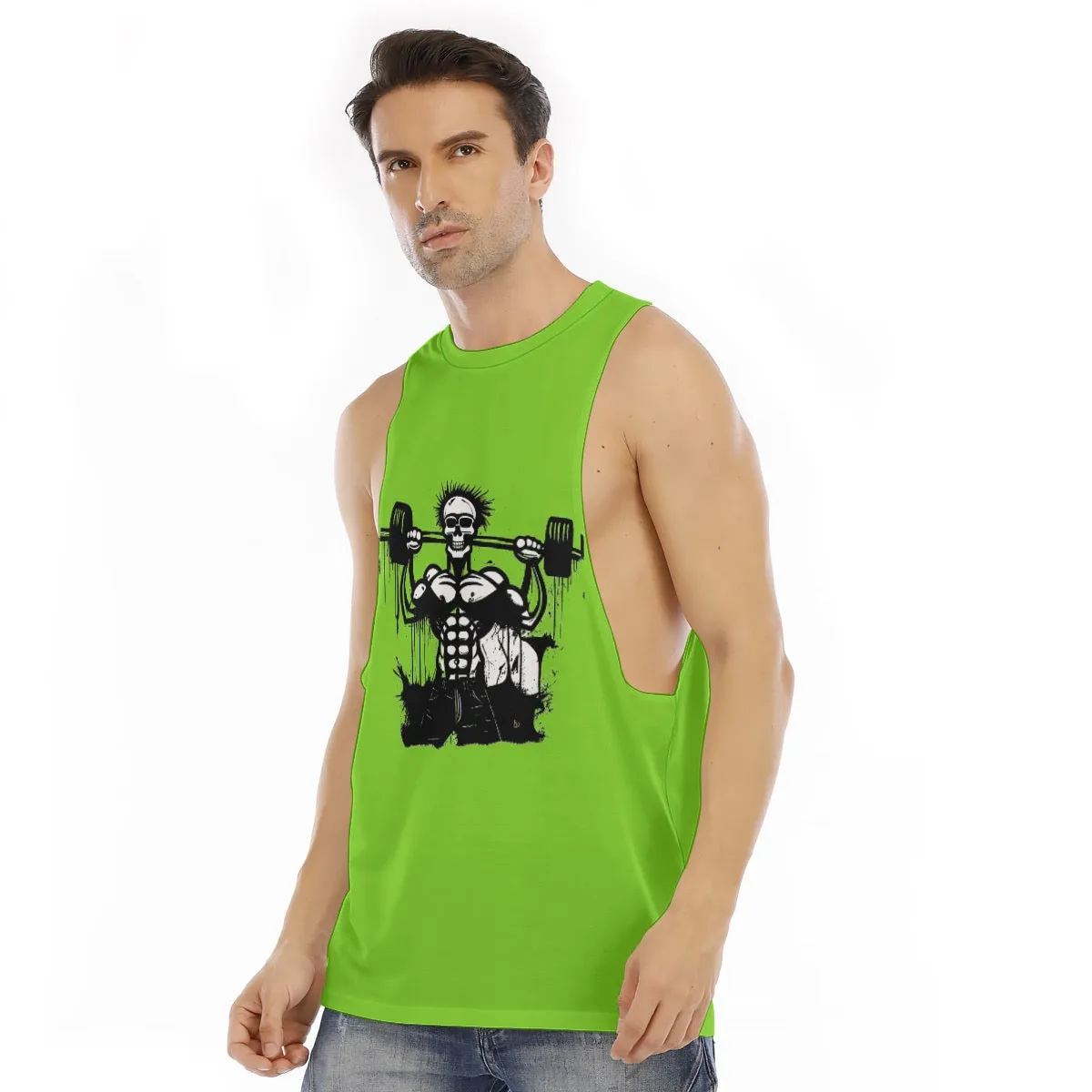 All-Over Print Men's O-neck Long Tank Top green weightlifting theme
