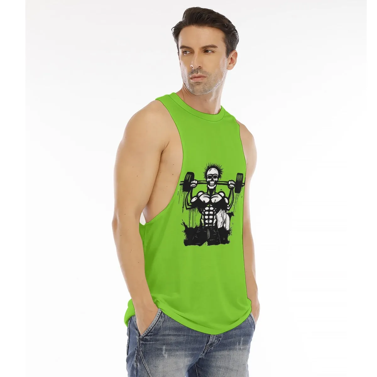 All-Over Print Men's O-neck Long Tank Top green weightlifting theme