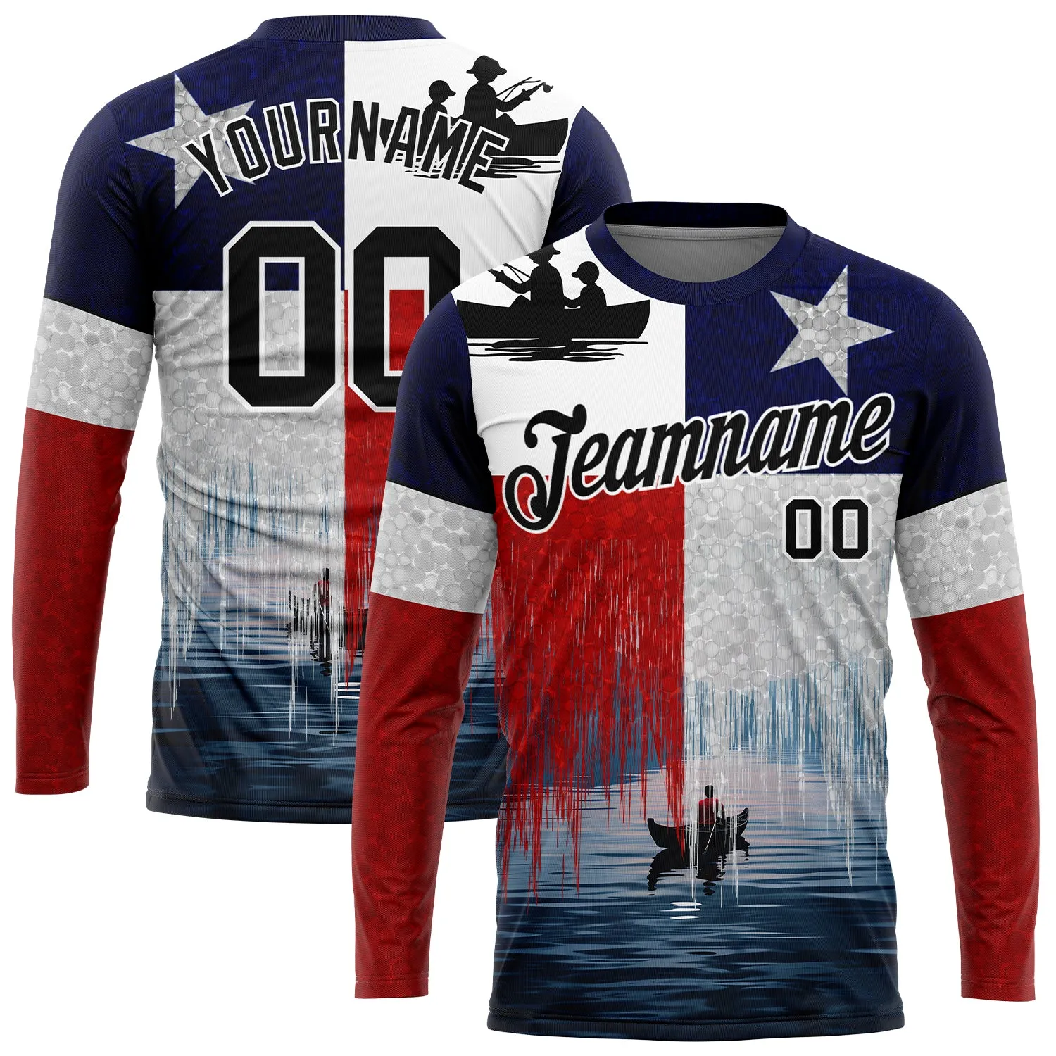 Custom Red Black-Navy 3D Texas  Flag And Fish Fishing Long Sleeve Performance T-Shirt
