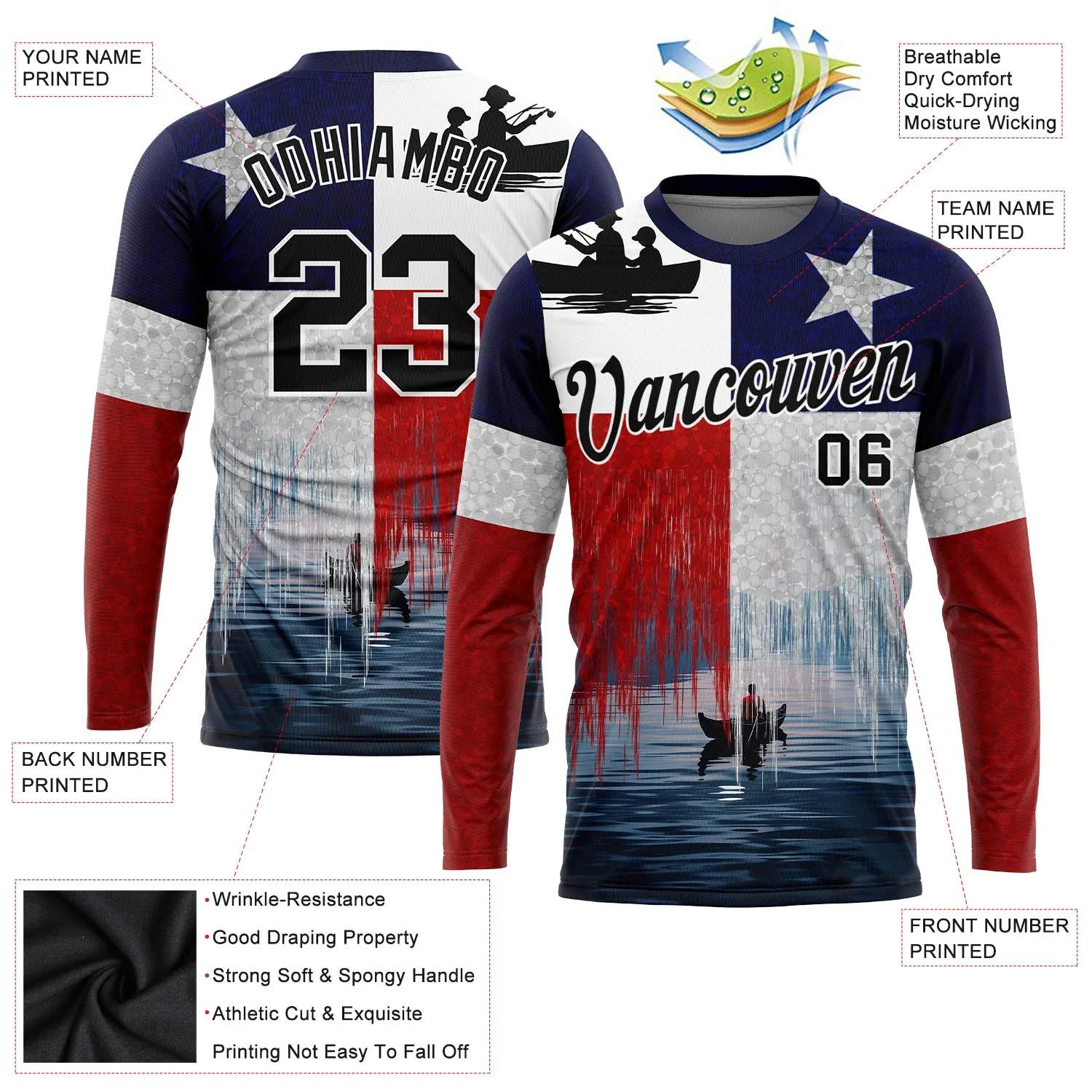 Custom Red Black-Navy 3D Texas  Flag And Fish Fishing Long Sleeve Performance T-Shirt