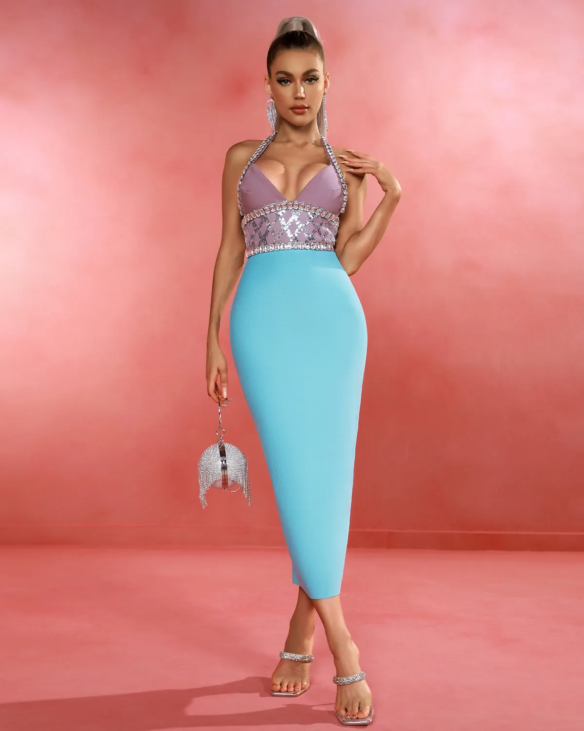 Halter Crystal Ornamental Midi Bandage Dress