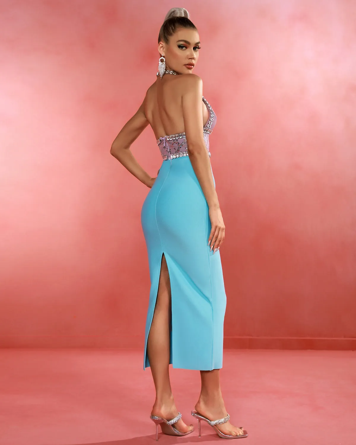 Halter Crystal Ornamental Midi Bandage Dress