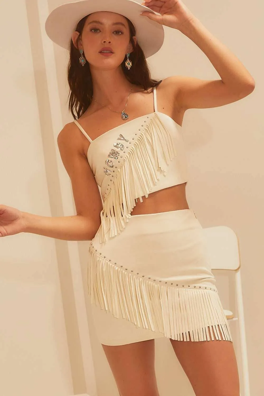 Ivory HOWDY Western Asymmetry Fringe With Stud Top