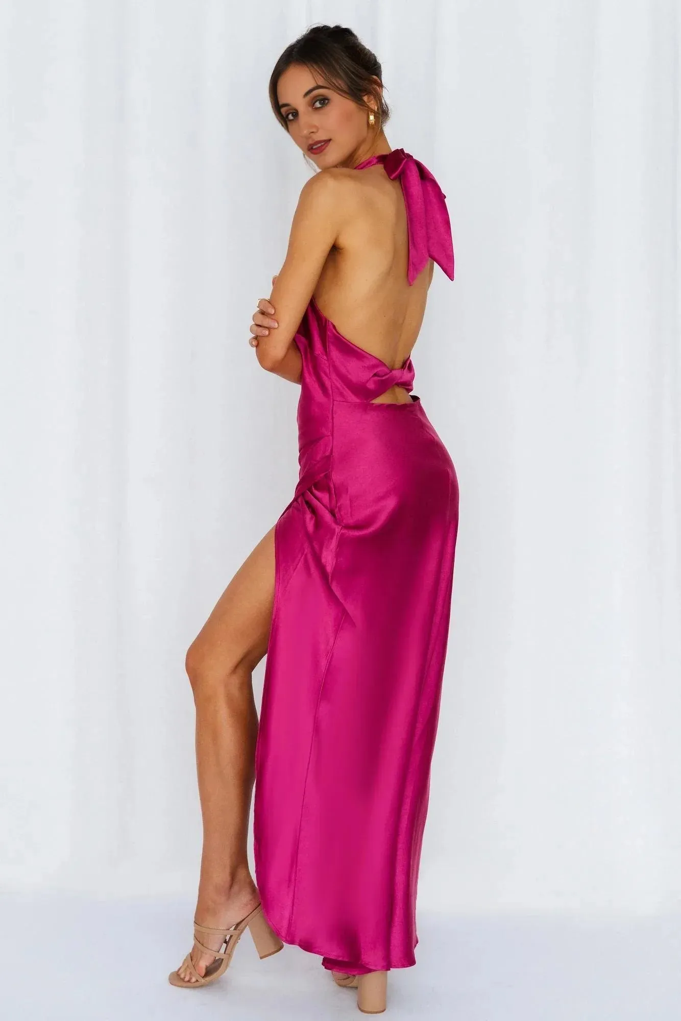 Light Minds Satin Midi Dress Fuchsia