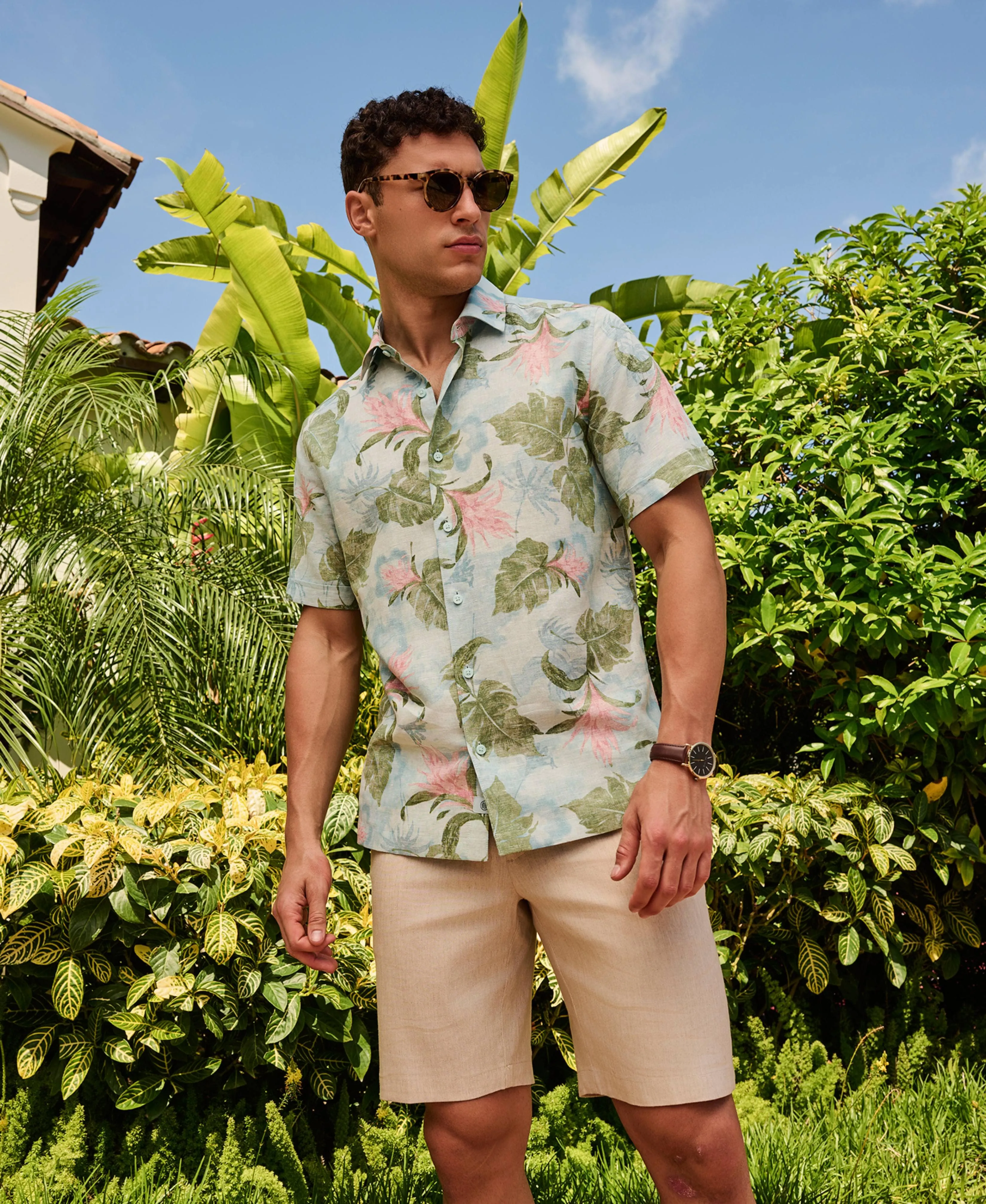 Linen Blend Tropical Floral Print Shirt