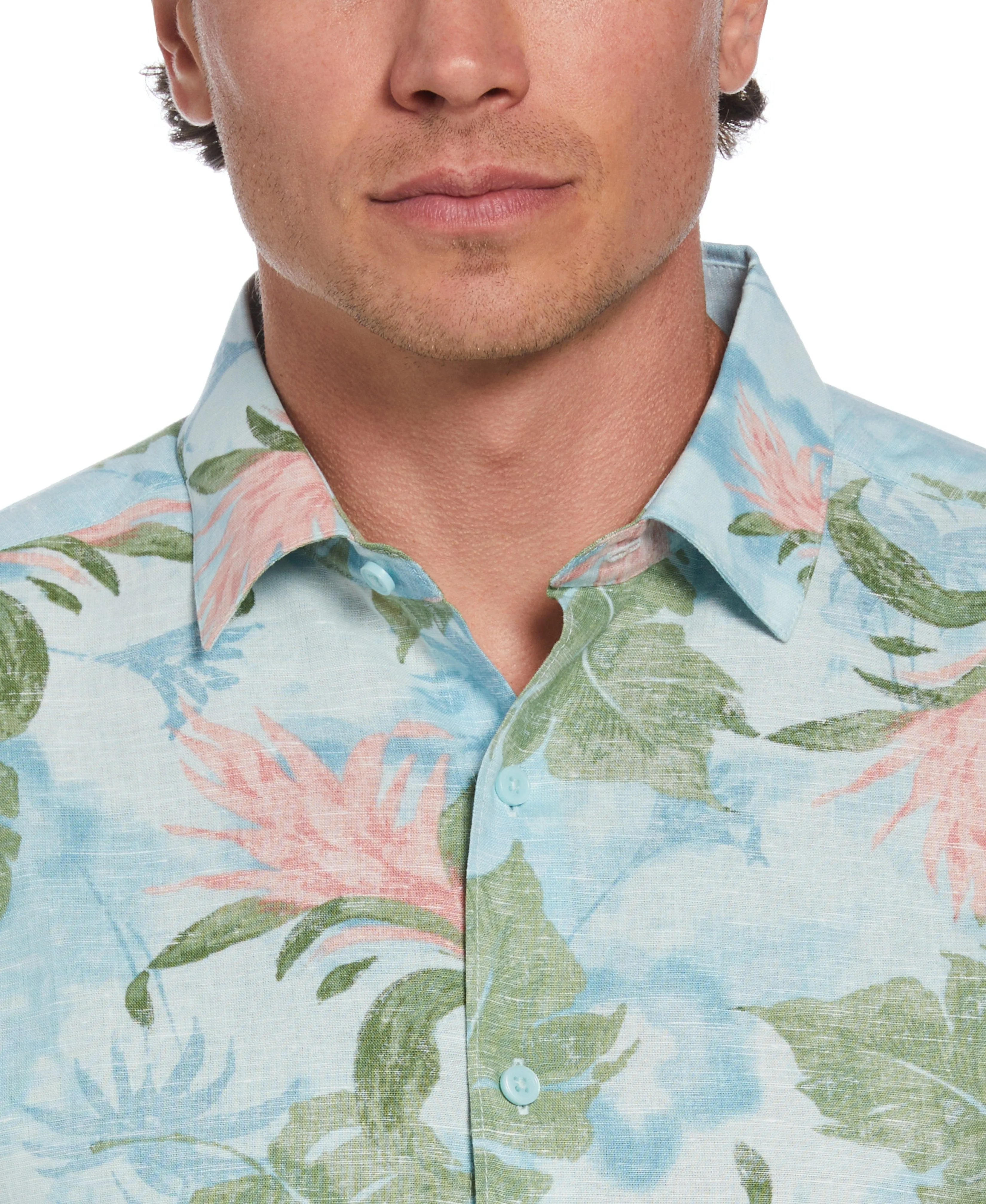 Linen Blend Tropical Floral Print Shirt