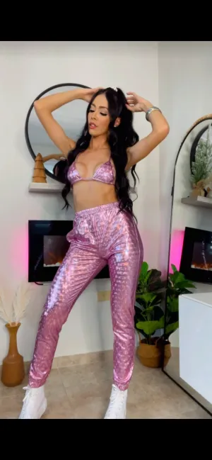 Metallic Pink Holographic Pant Set