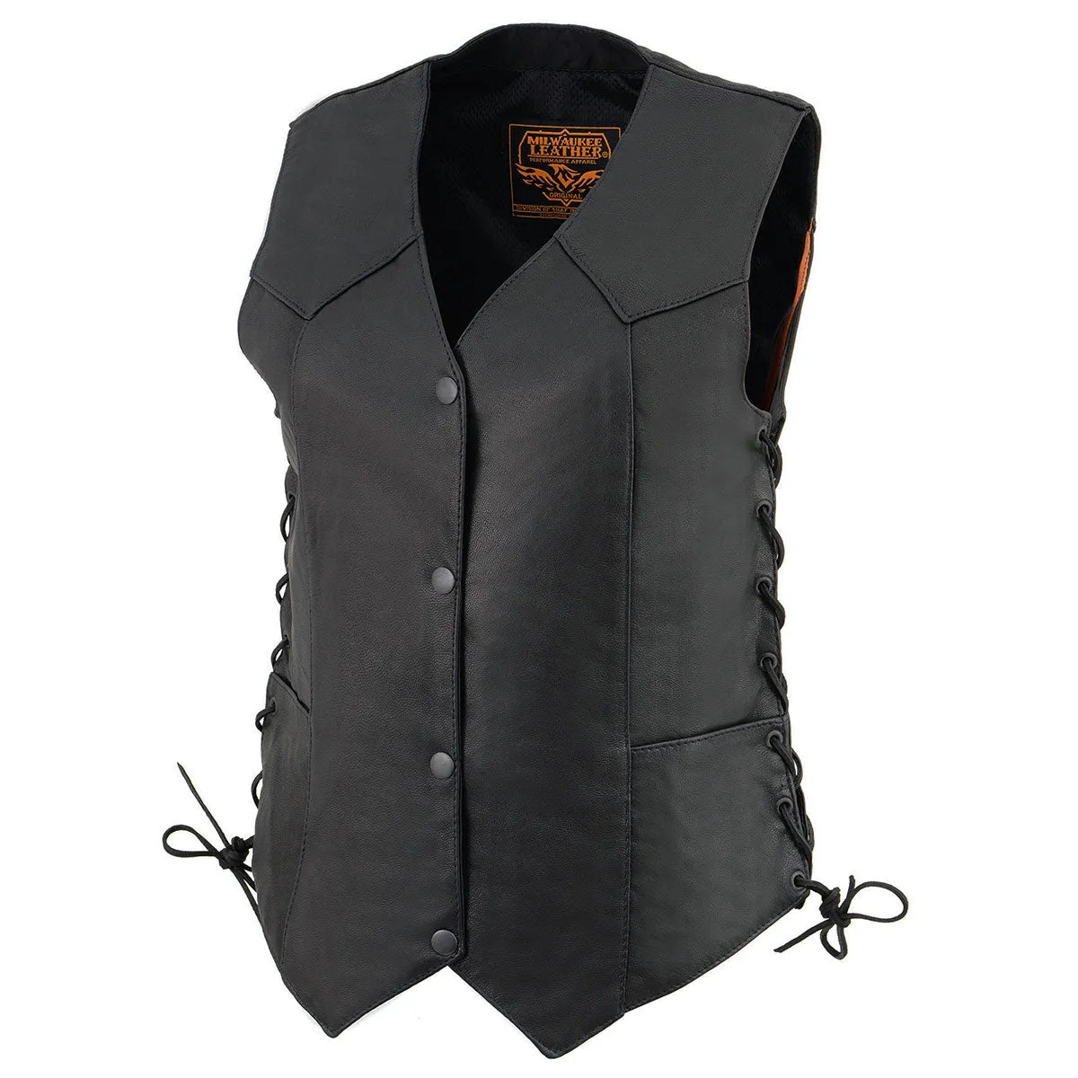 MLL4545 Women's Black Naked Leather Lightweight Classic 4-Snap V-Neck Motorcycle Rider Vest