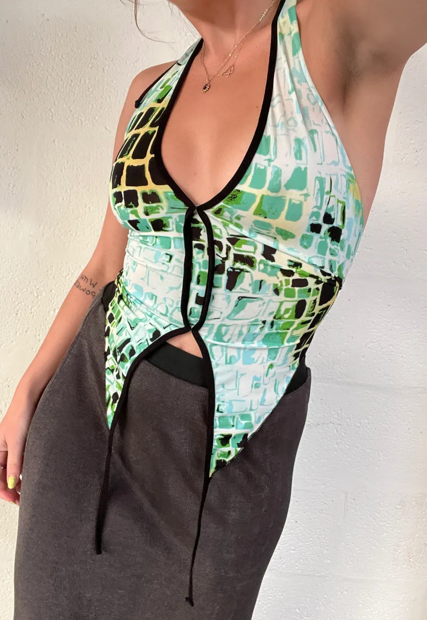 OFFCUTS GREEN TILE POINTED HALTER TOP