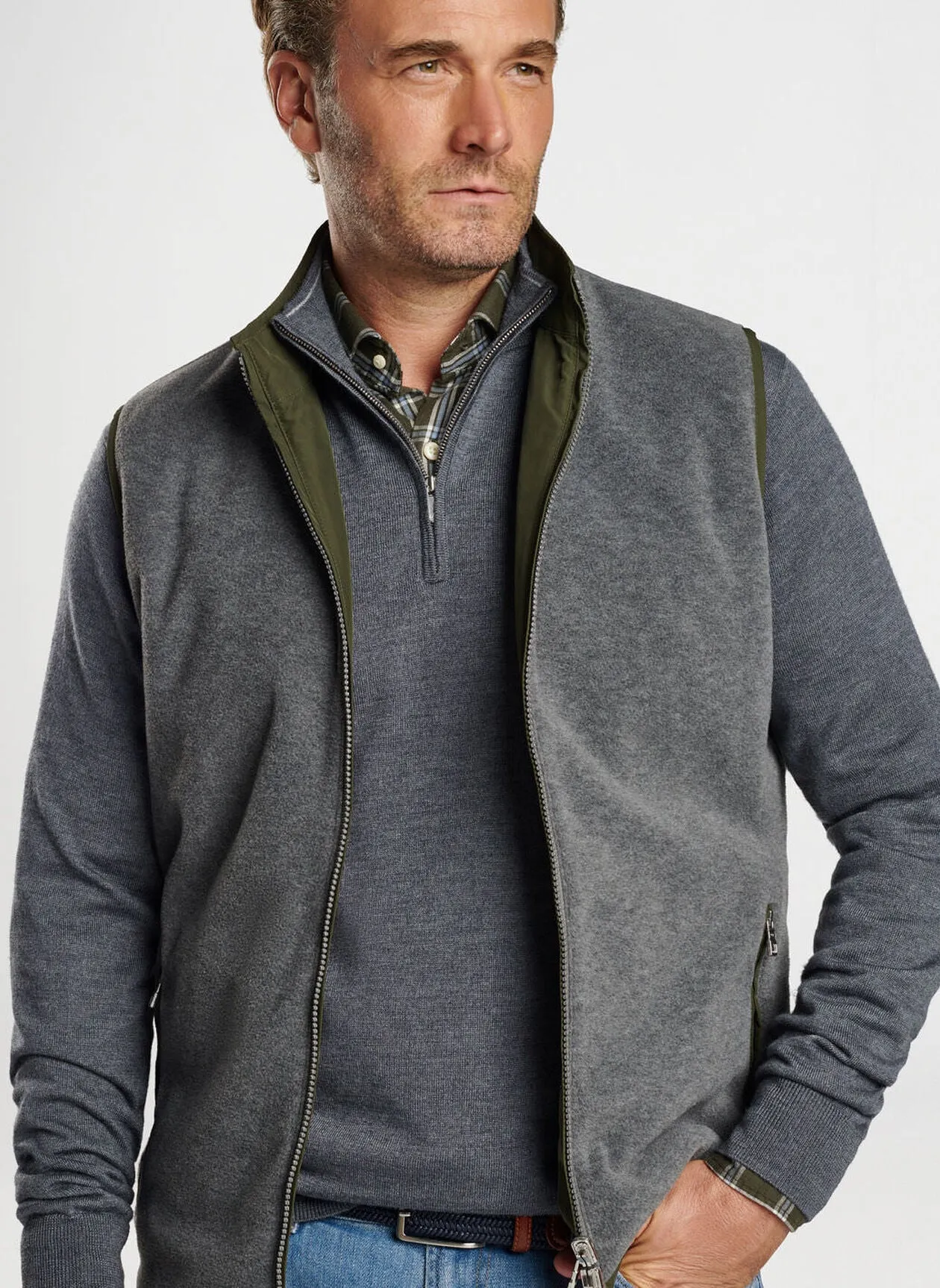 Peter Millar Mens Classic Fit Brentwood Reversible Fleece Vest - DARK OLIVE
