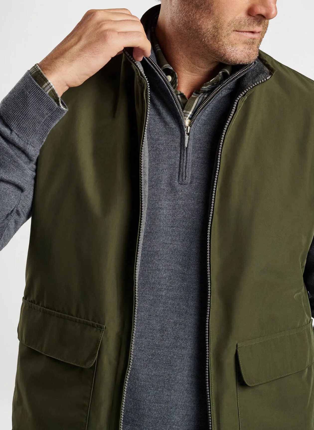 Peter Millar Mens Classic Fit Brentwood Reversible Fleece Vest - DARK OLIVE