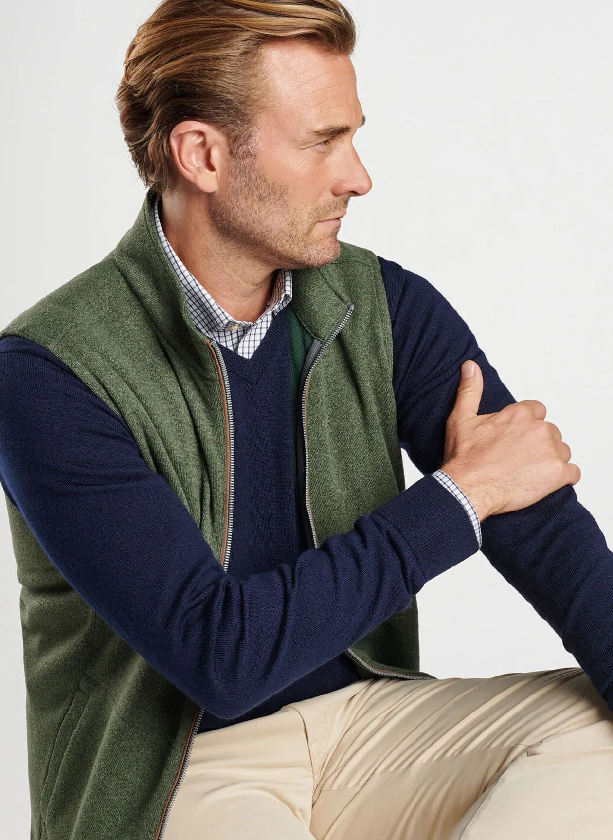 Peter Millar Mens Classic Fit Crown Sweater Fleece Vest - DARK OLIVE