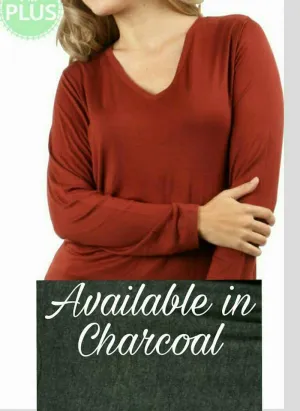 Plus Long Sleeved V-Neck Tunic Top Charcoal - tops