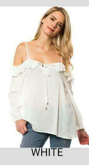 Ruffle Trim Lightweight Cold Shoulder Top - tops
