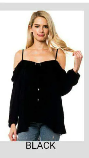 Ruffle Trim Lightweight Cold Shoulder Top - tops