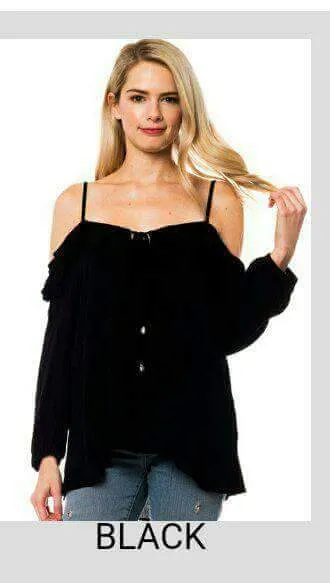 Ruffle Trim Lightweight Cold Shoulder Top - tops