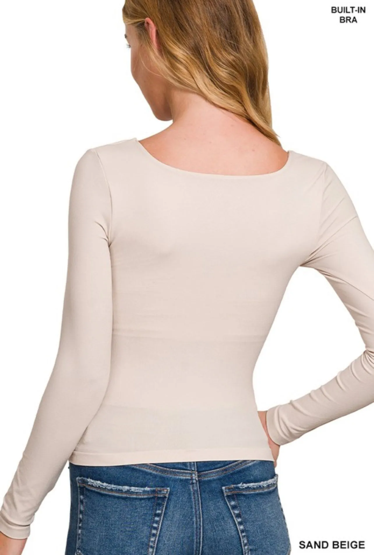 SEAMLESS FITTED SQUARE NECK TOP WITH BUILT IN BRA- SAND BEIGE