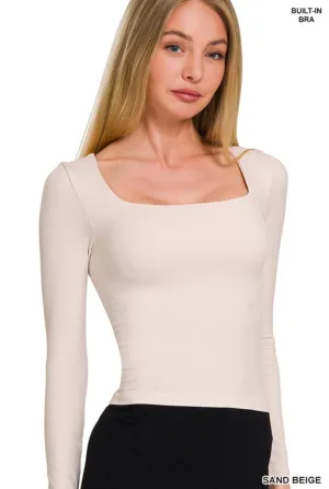 SEAMLESS FITTED SQUARE NECK TOP WITH BUILT IN BRA- SAND BEIGE