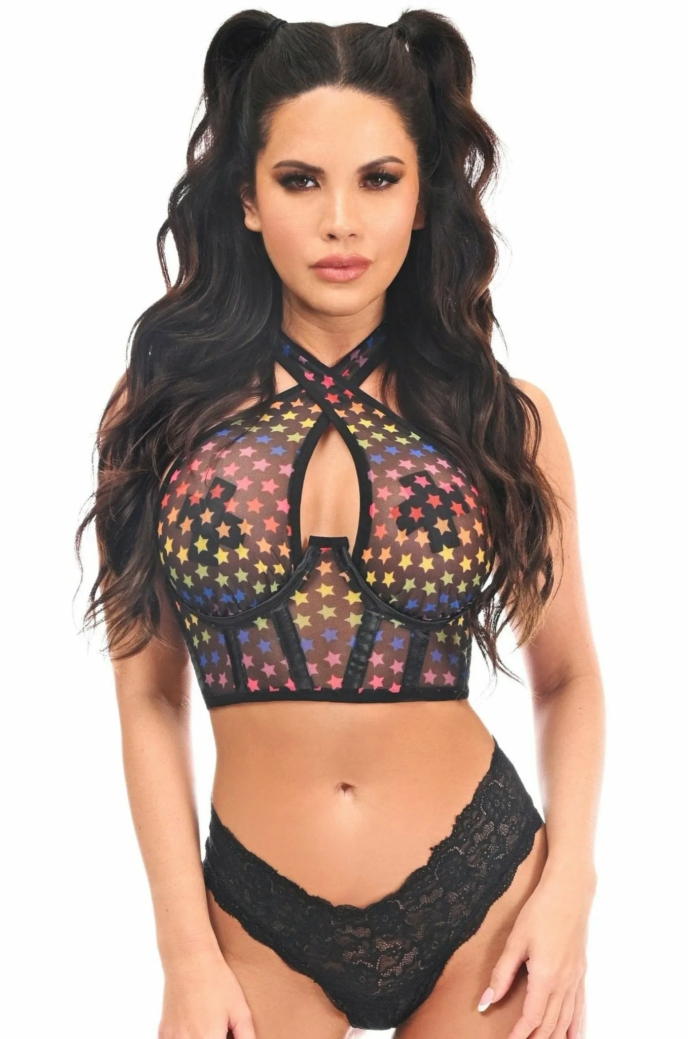 Sexy Rainbow Stars Mesh Underwire Cincher with Built In Halter Top