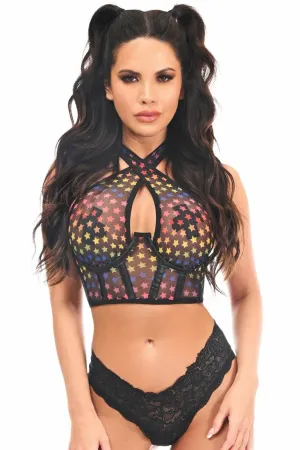 Sexy Rainbow Stars Mesh Underwire Cincher with Built In Halter Top