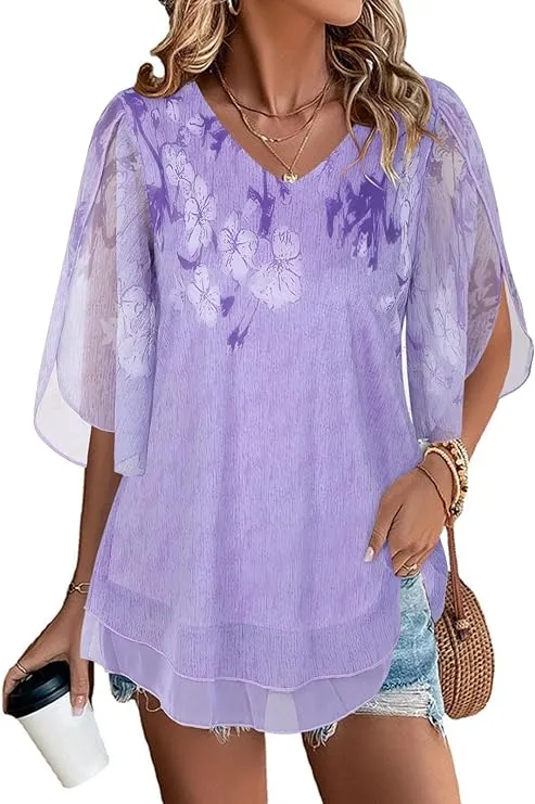 Sleeve Mesh Blouses Loose Flowy Tops Stretchy Shirts