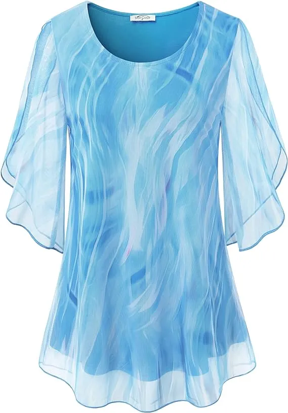 Sleeve Mesh Blouses Loose Flowy Tops Stretchy Shirts
