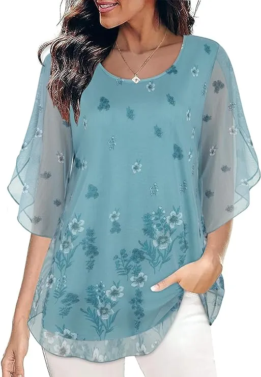 Sleeve Mesh Blouses Loose Flowy Tops Stretchy Shirts
